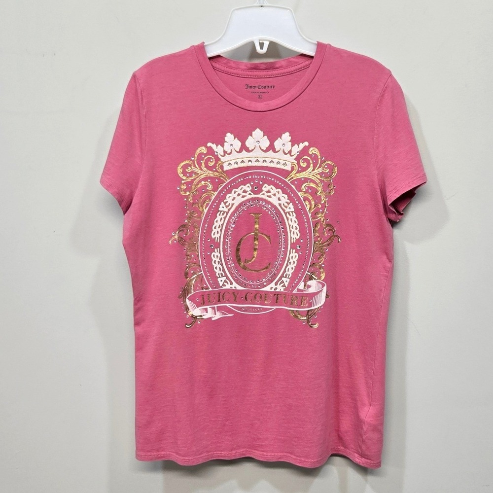 Juicy Couture Baby Tee Shirt Large Pink Crest Logo Rhinestone Crown Y2K McBling